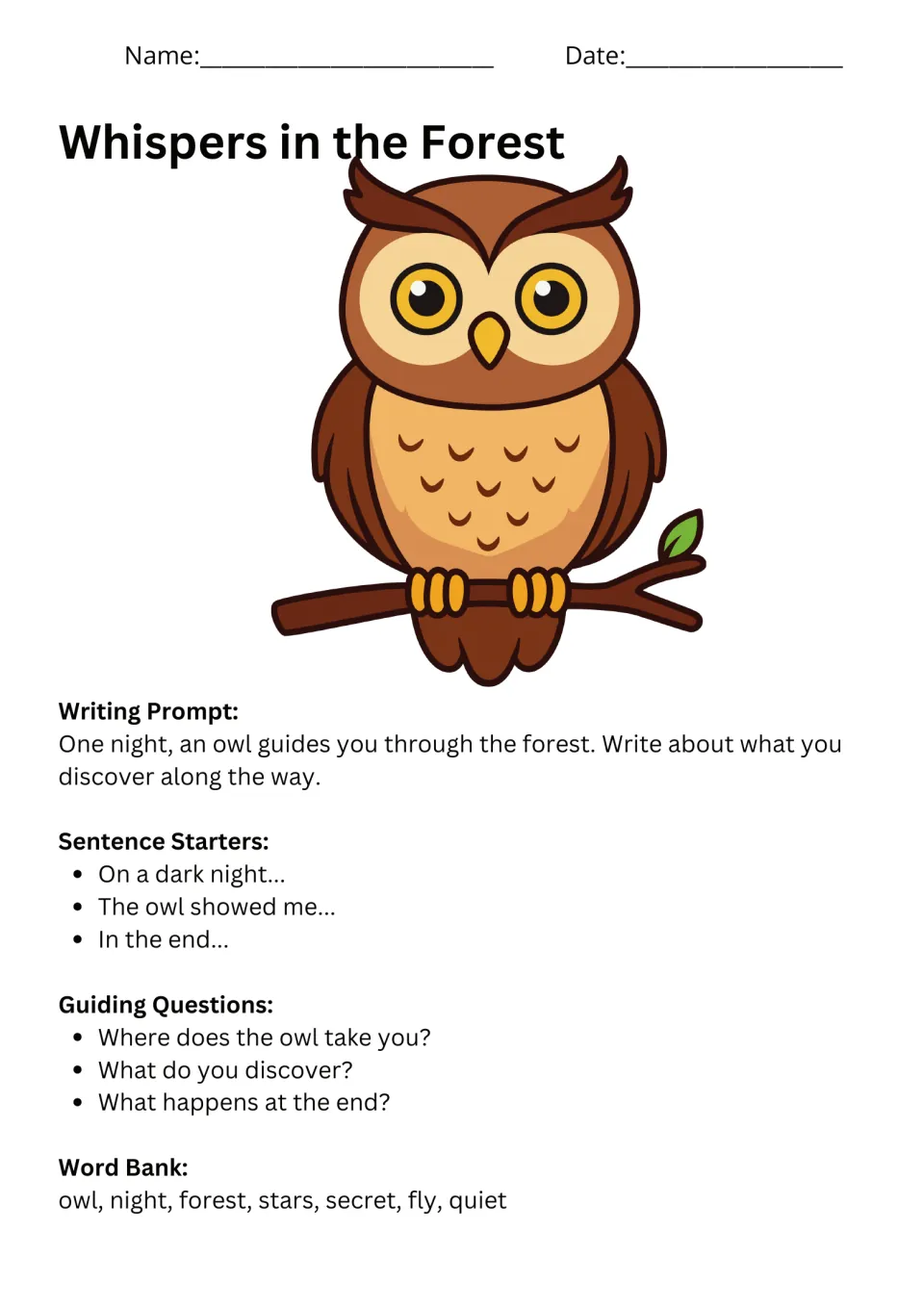 Whispers in the Forest prompt follows an owl at night, with sentence starters, questions, and a word bank