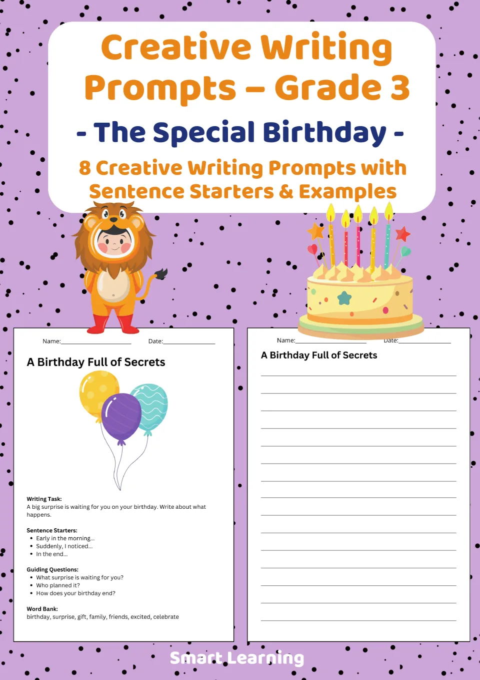 Creative Writing Prompts Grade 3 | The Special Birthday cover introduces eight prompts with sentence starters