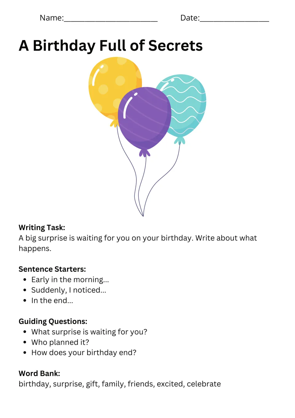 A Birthday Full of Secrets prompt asks about a birthday surprise, with starters, questions, and a word bank