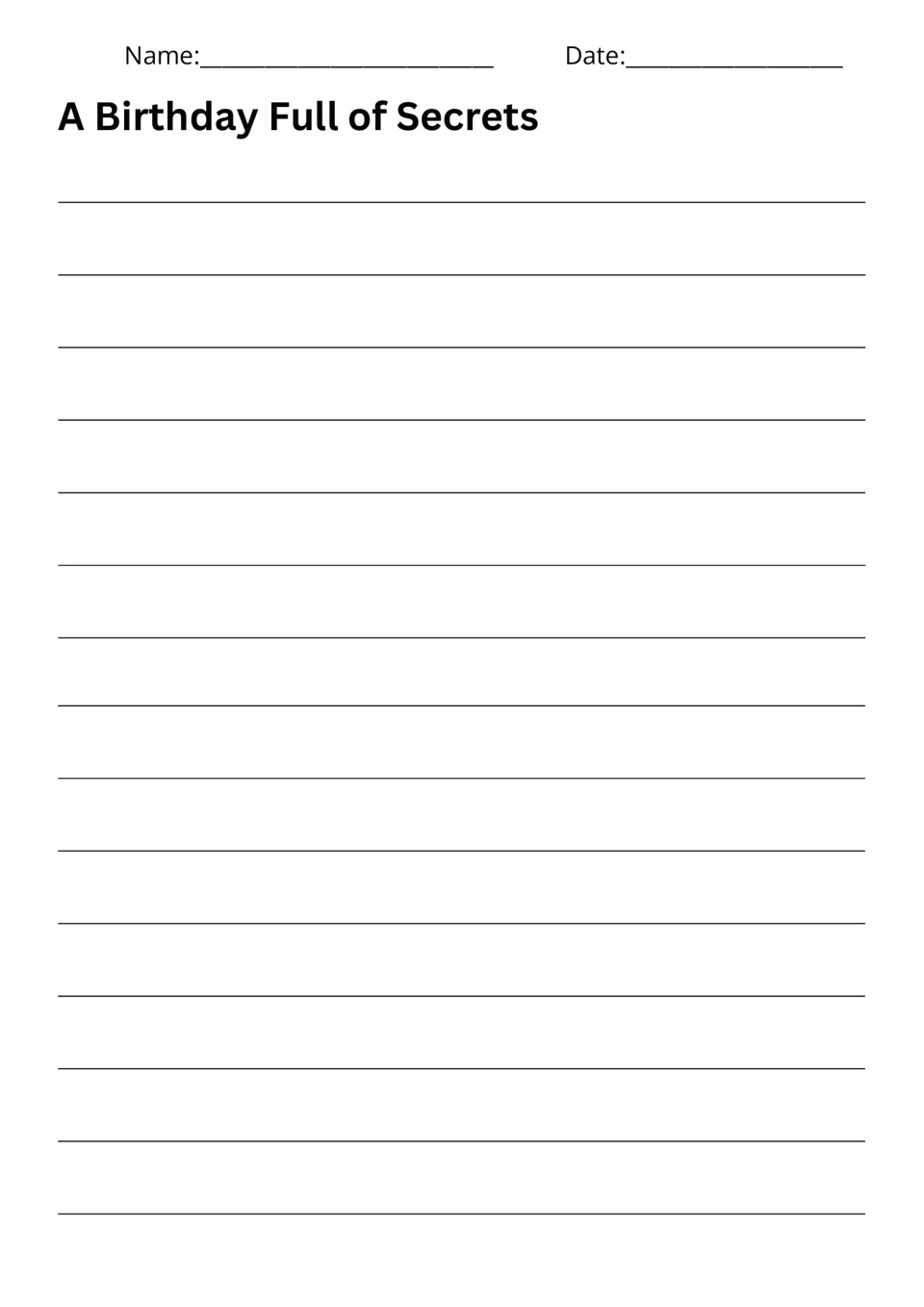 A Birthday Full of Secrets writing page provides space for students to write their birthday surprise story