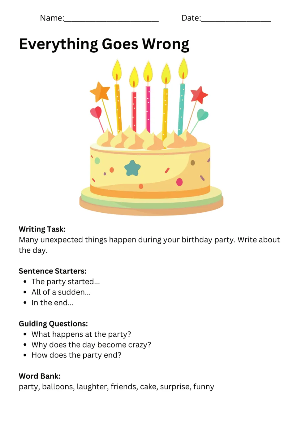 Everything Goes Wrong prompt asks about unexpected birthday party events, with starters and a word bank