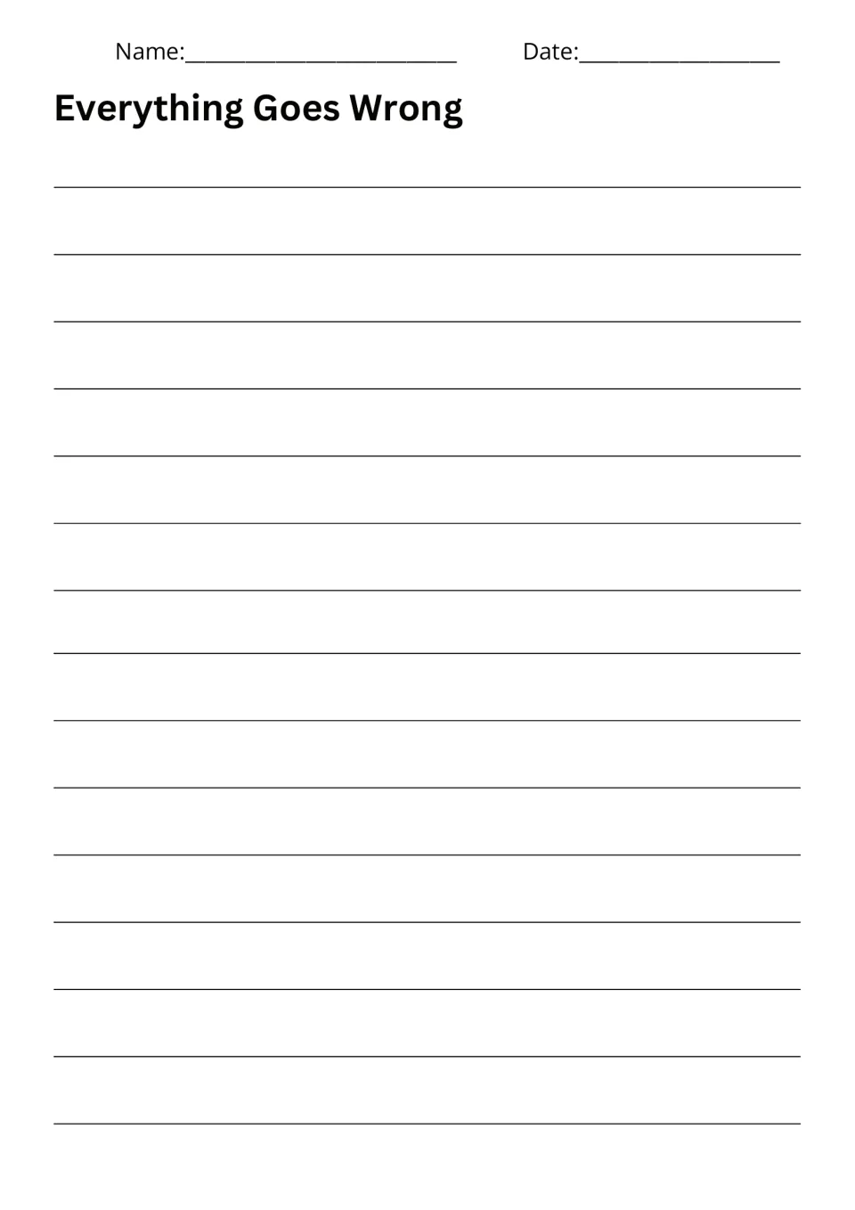 Everything Goes Wrong writing page provides space for a story about unexpected events at a birthday party