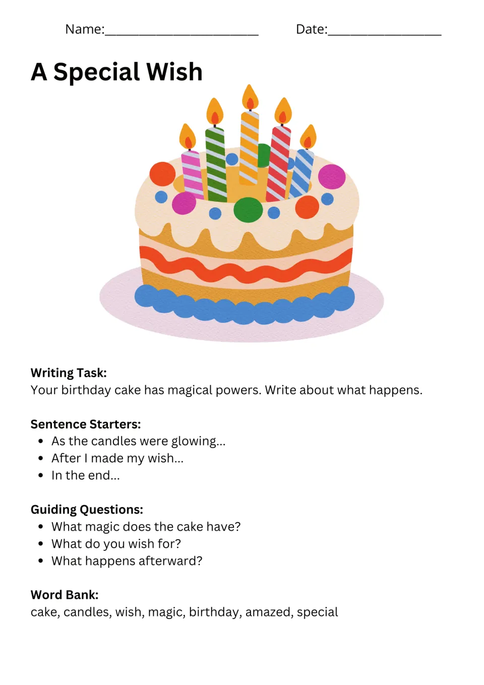 A Special Wish prompt asks about a birthday cake with magical powers, with starters, questions, and vocabulary