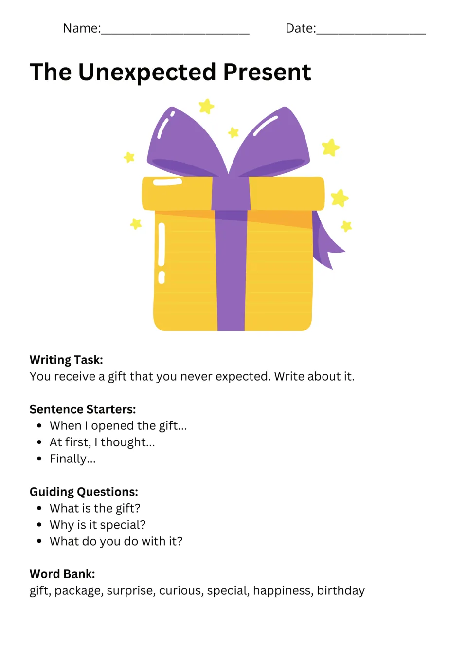 The Unexpected Present prompt asks about a surprising gift, with sentence starters, questions, and a word bank