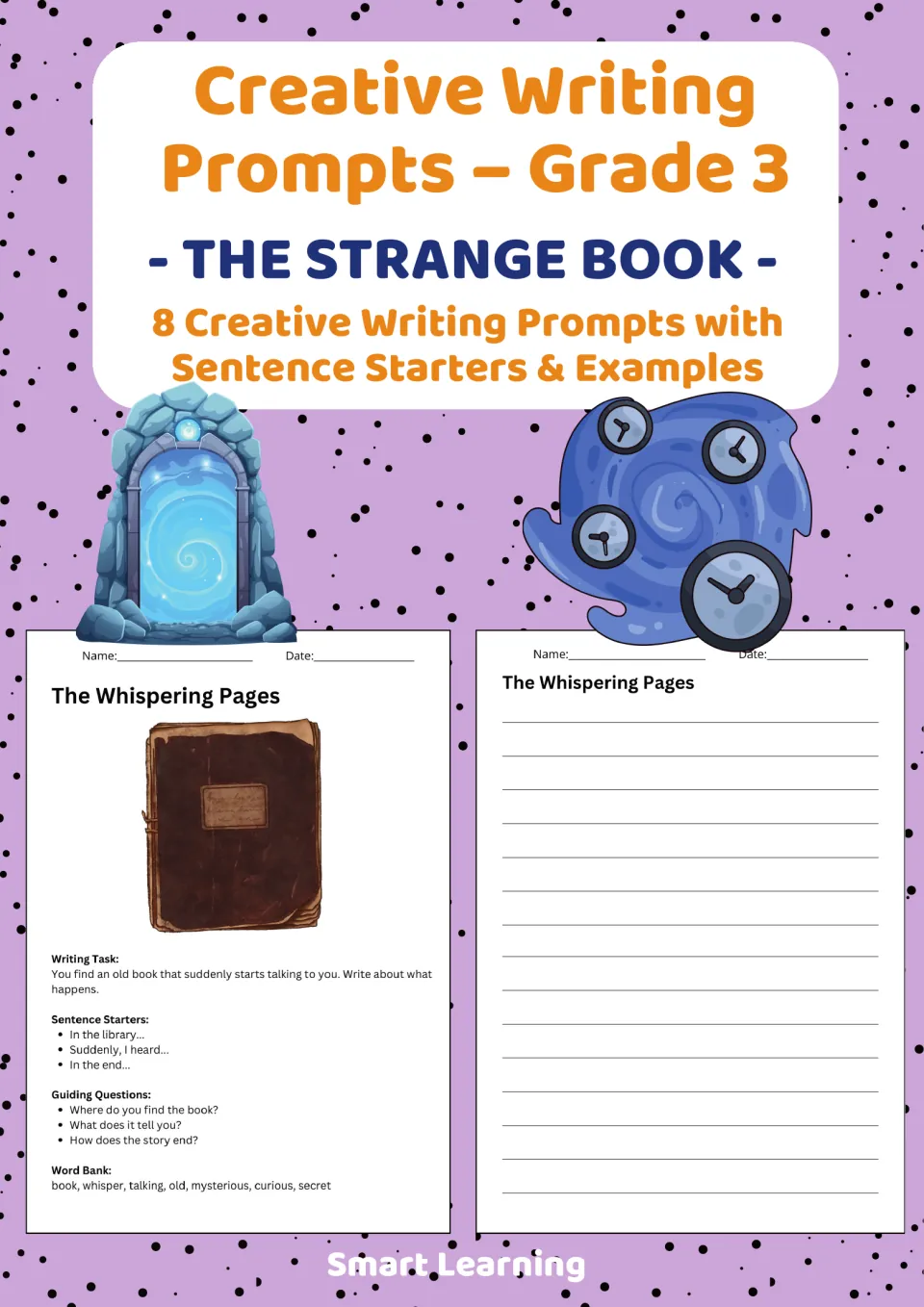 The Strange Book cover: 8 creative writing prompts with sentence starters, shown with a talking-book prompt and lined page