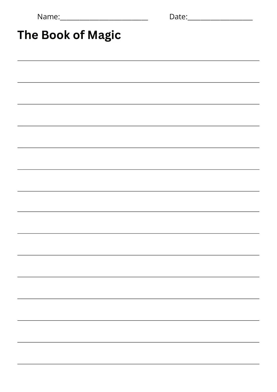 The Book of Magic draft page: students write their story about words in a book coming true, with name and date fields