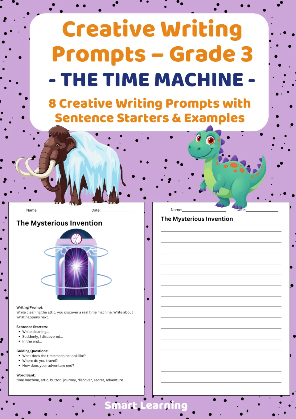 Cover for eight third-grade time machine writing prompts with sentence starters, examples, and sample pages