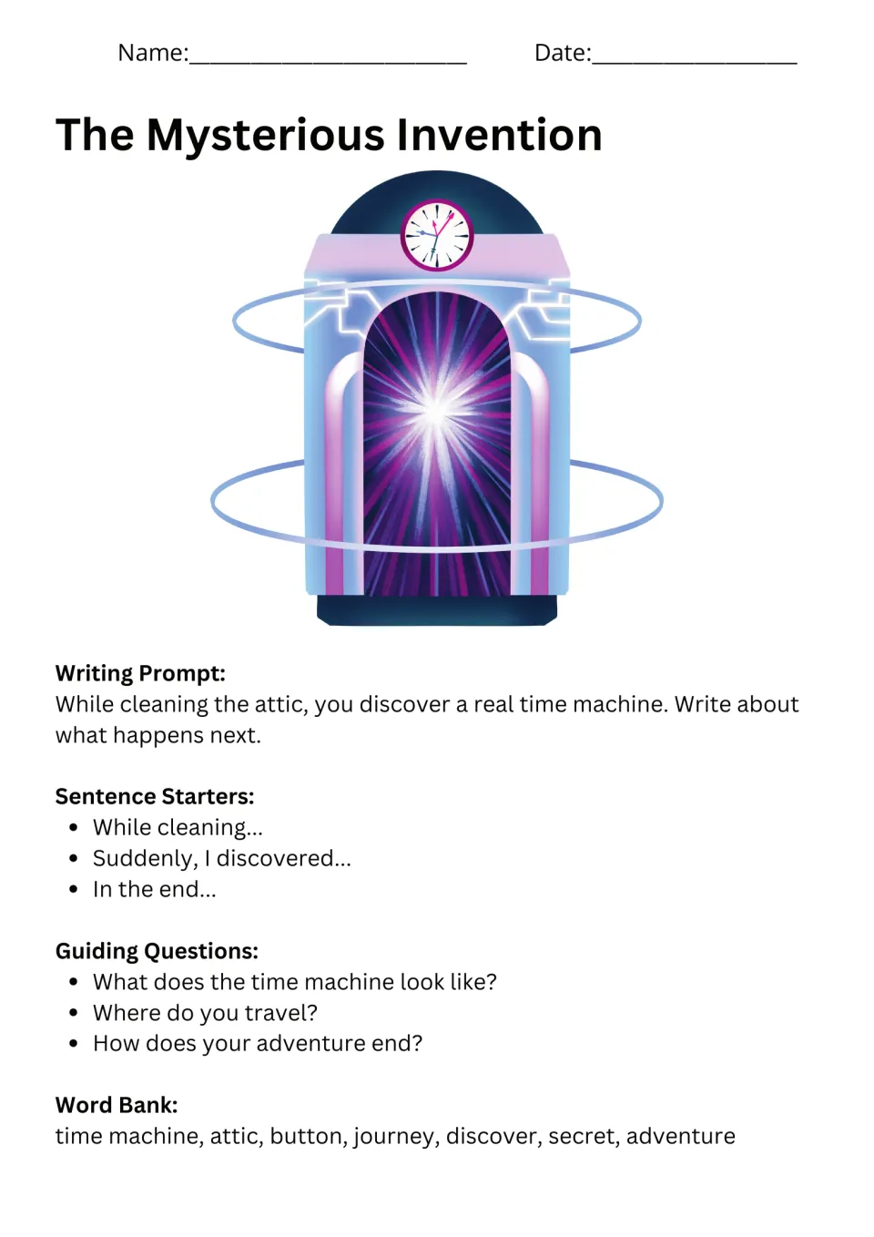 The Mysterious Invention prompt: find a time machine in the attic, with starters, questions, and a word bank