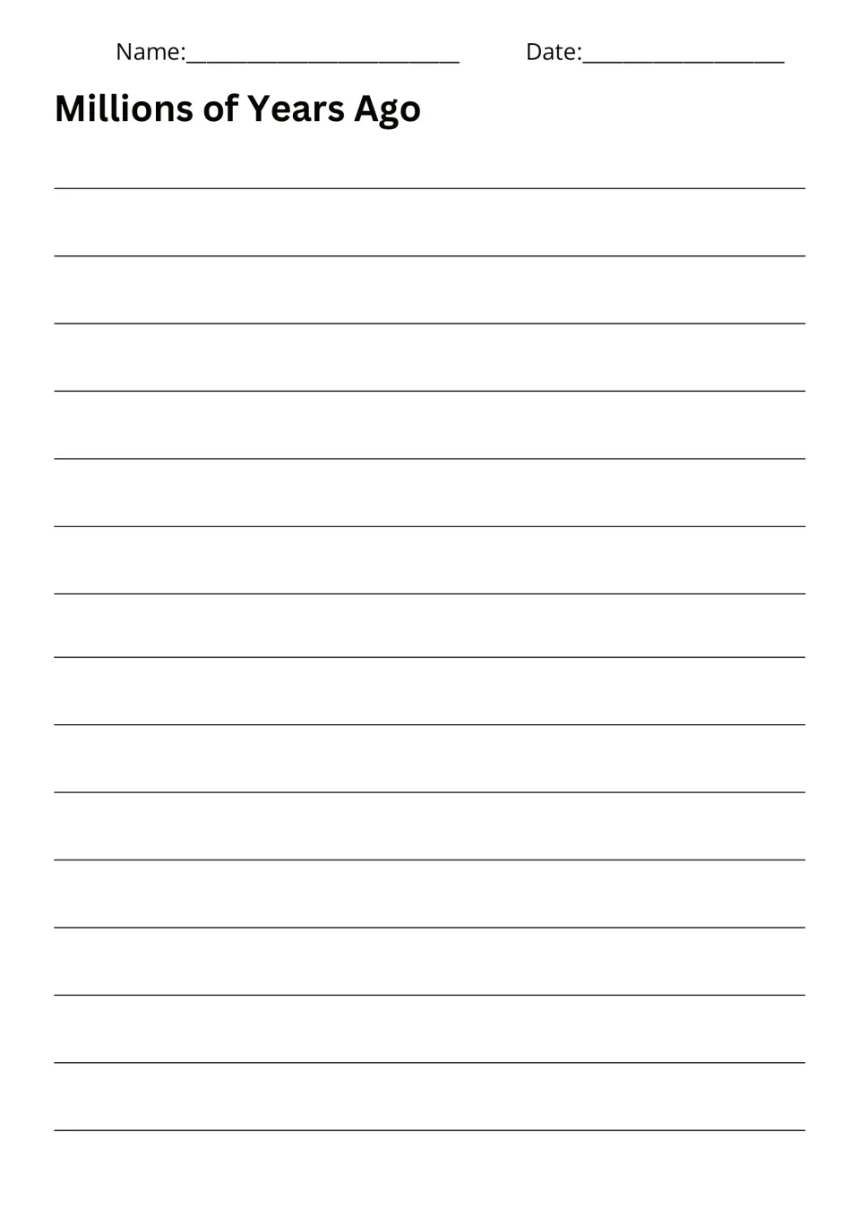 Millions of Years Ago writing page for a story about traveling by time machine to the age of dinosaurs