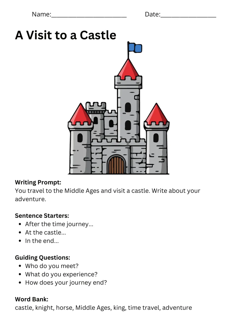 A Visit to a Castle prompt: travel to the Middle Ages, with sentence starters, questions, and a word bank