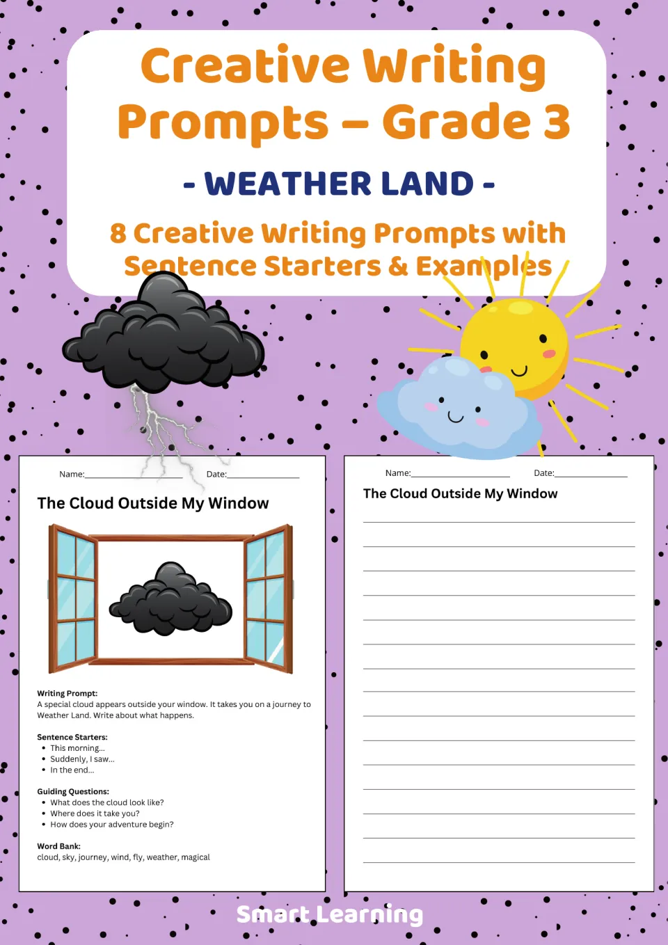 Cover for Weather Land: 8 creative writing prompts with sentence starters and examples, previewing a cloud window prompt
