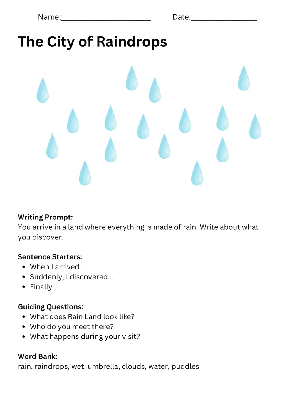 The City of Raindrops: students describe a land made of rain, guided by questions and a word bank with umbrella and puddles