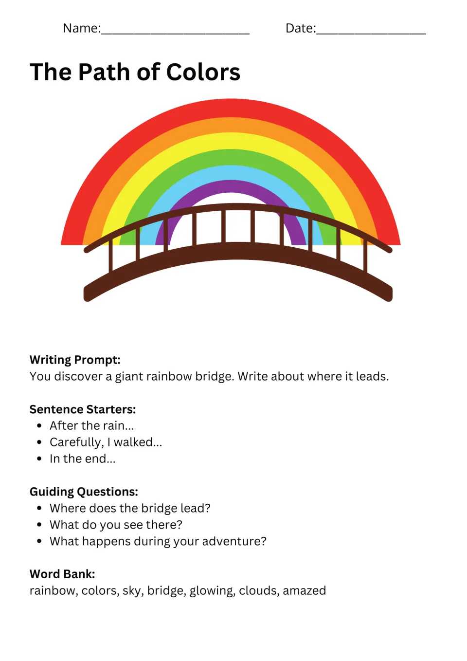 The Path of Colors: students write where a giant rainbow bridge leads, using starters, guiding questions and a word bank