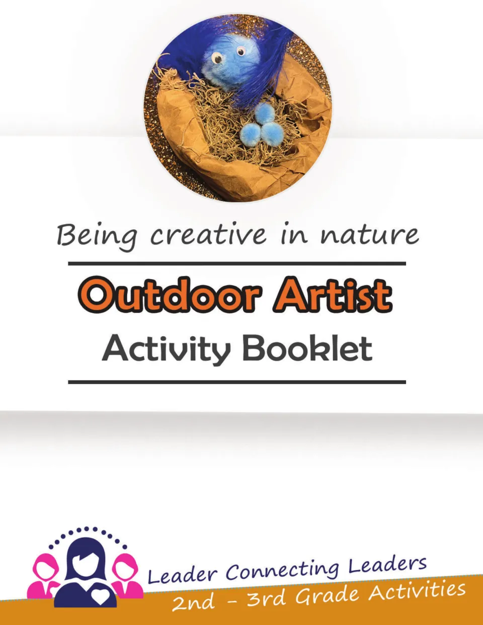 Outdoor Artist Activity Booklet cover for 2nd-3rd grade, showing a pom-pom bird craft in a paper-bag nest