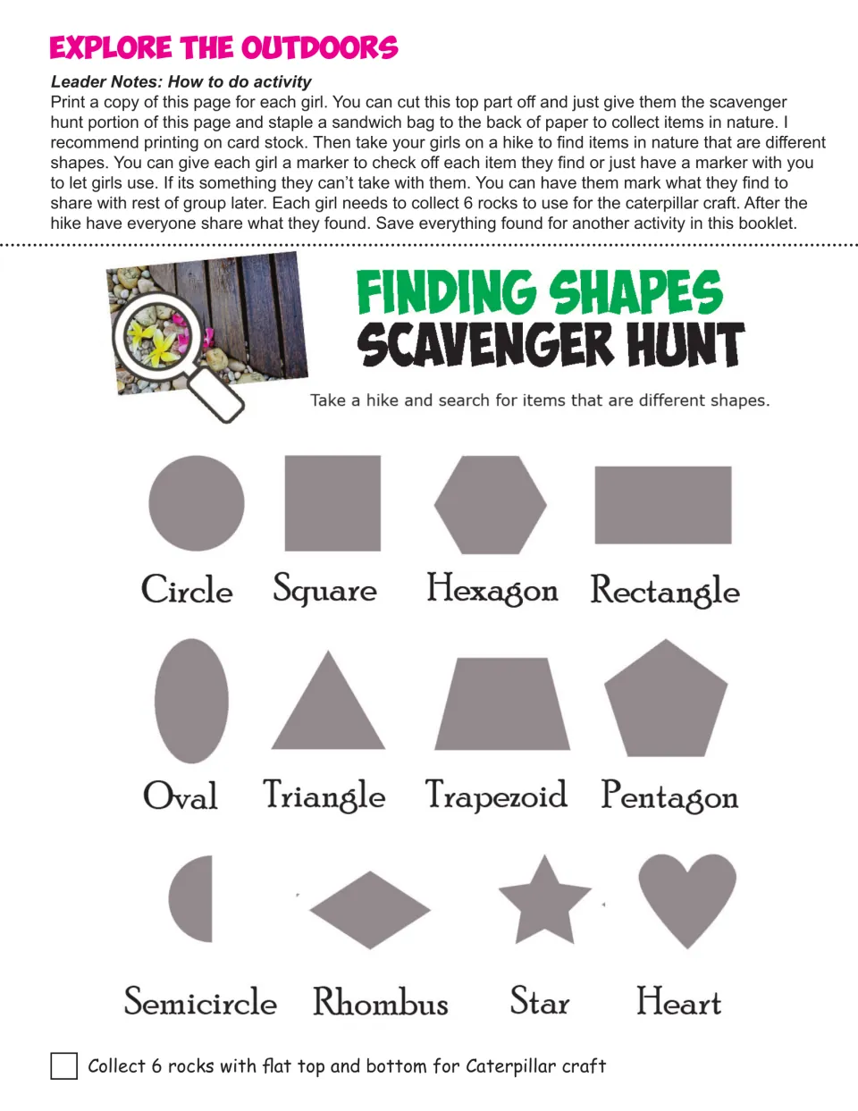 Finding Shapes Scavenger Hunt: girls hike to find nature items shaped like a circle, hexagon, star or heart