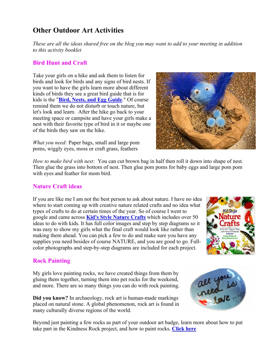 Other Outdoor Art Activities: leader ideas: a bird hunt with nest craft, a nature craft book and rock painting
