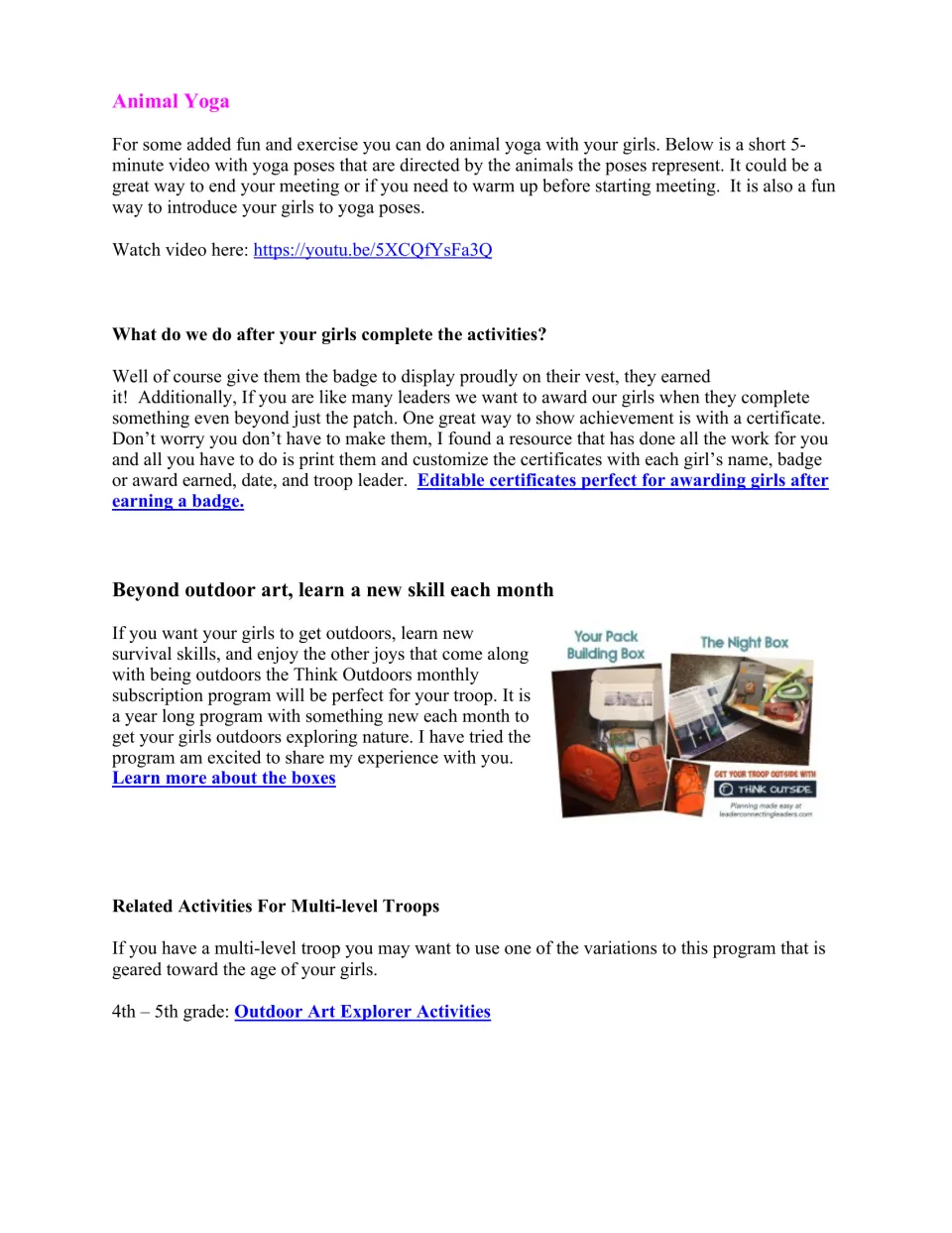 Leader notes: animal yoga video link, badge certificates, outdoor subscription boxes and multi-level troop links