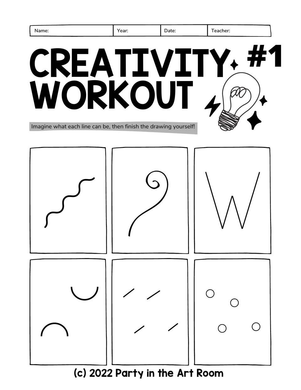 Creativity Workout #1: students imagine what six starter marks could be, a squiggle, spiral, W, arcs, dashes and circles