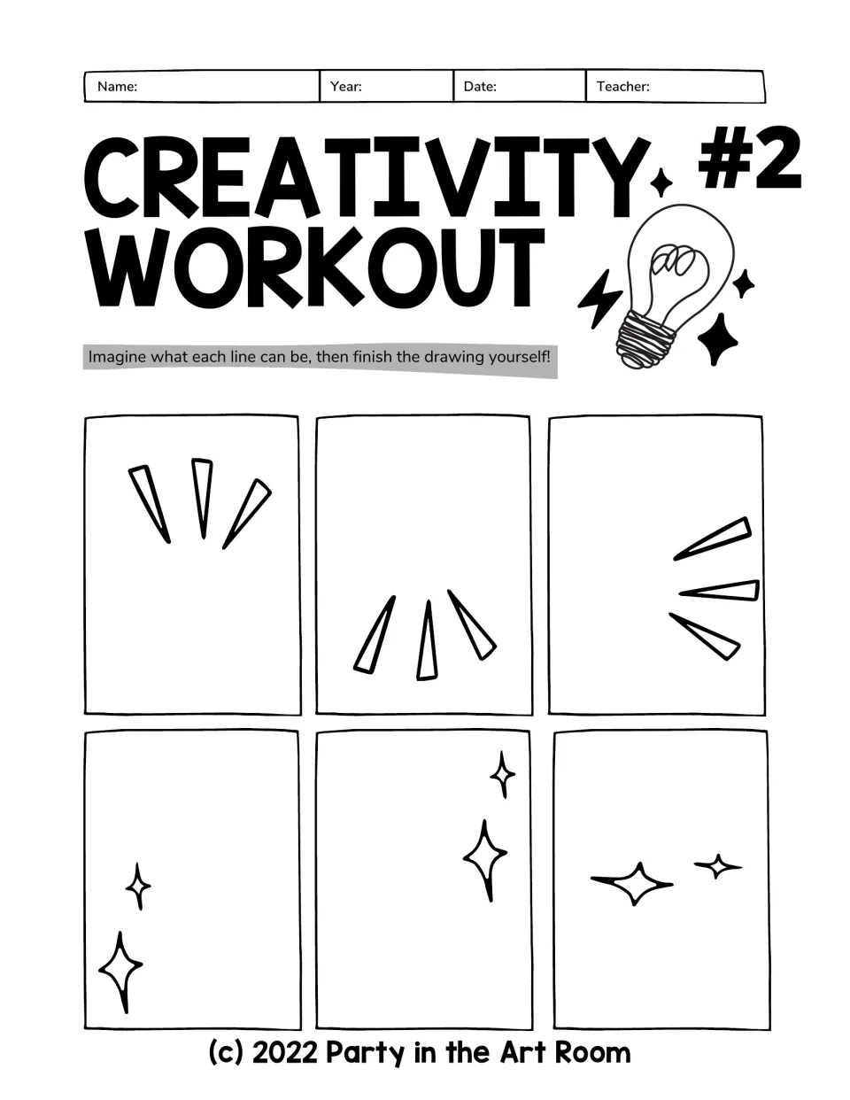 Creativity Workout #2: students finish six drawings that start from clusters of thin spikes and four-point sparkle shapes