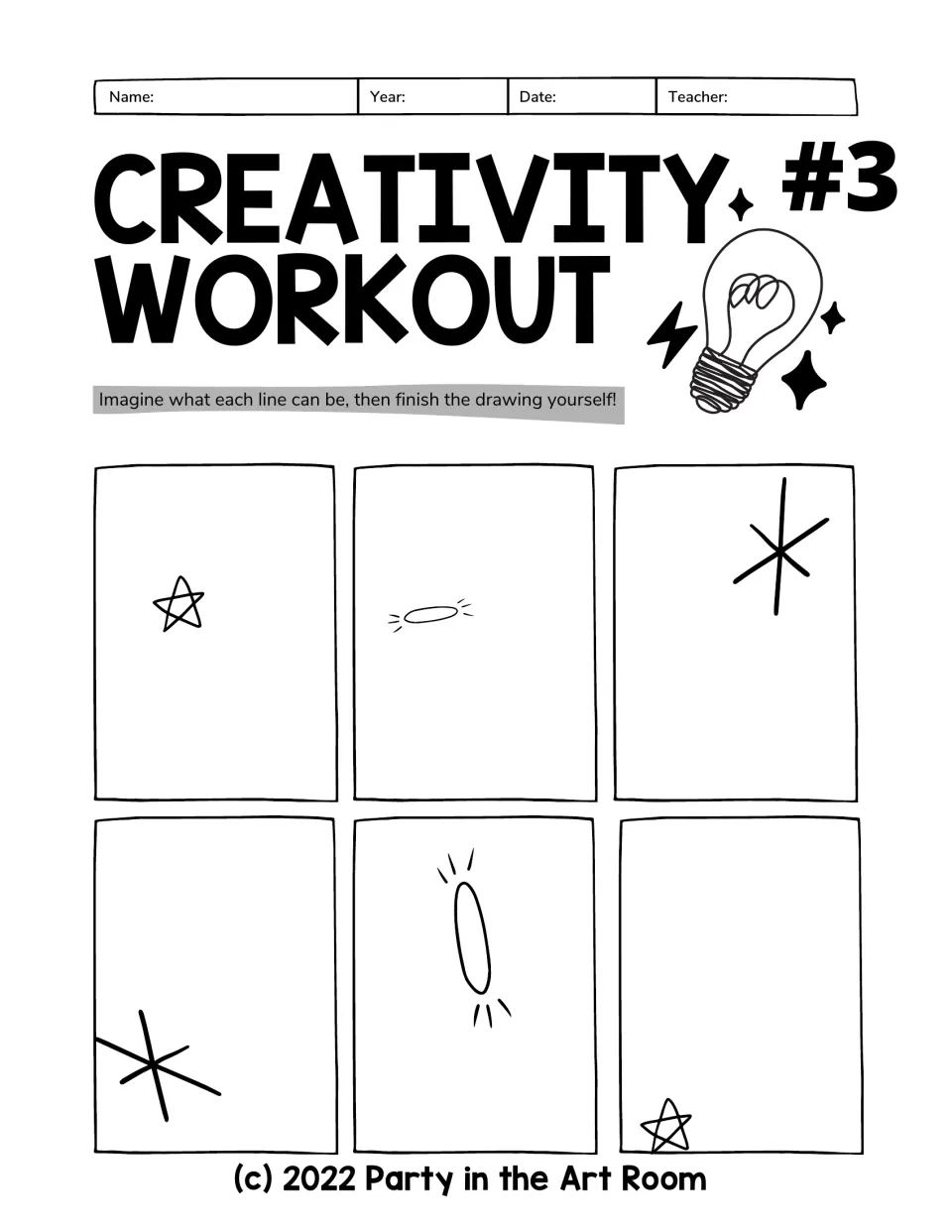 Creativity Workout #3: students build drawings from small stars, asterisk bursts and ovals with motion marks in six frames