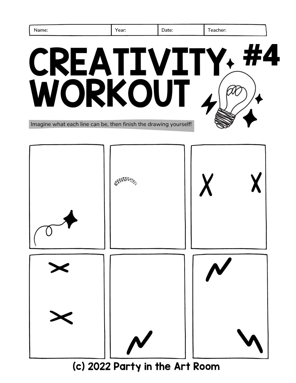 Creativity Workout #4: students complete drawings from a looped sparkle, a dotted arc, paired X marks and zigzag strokes