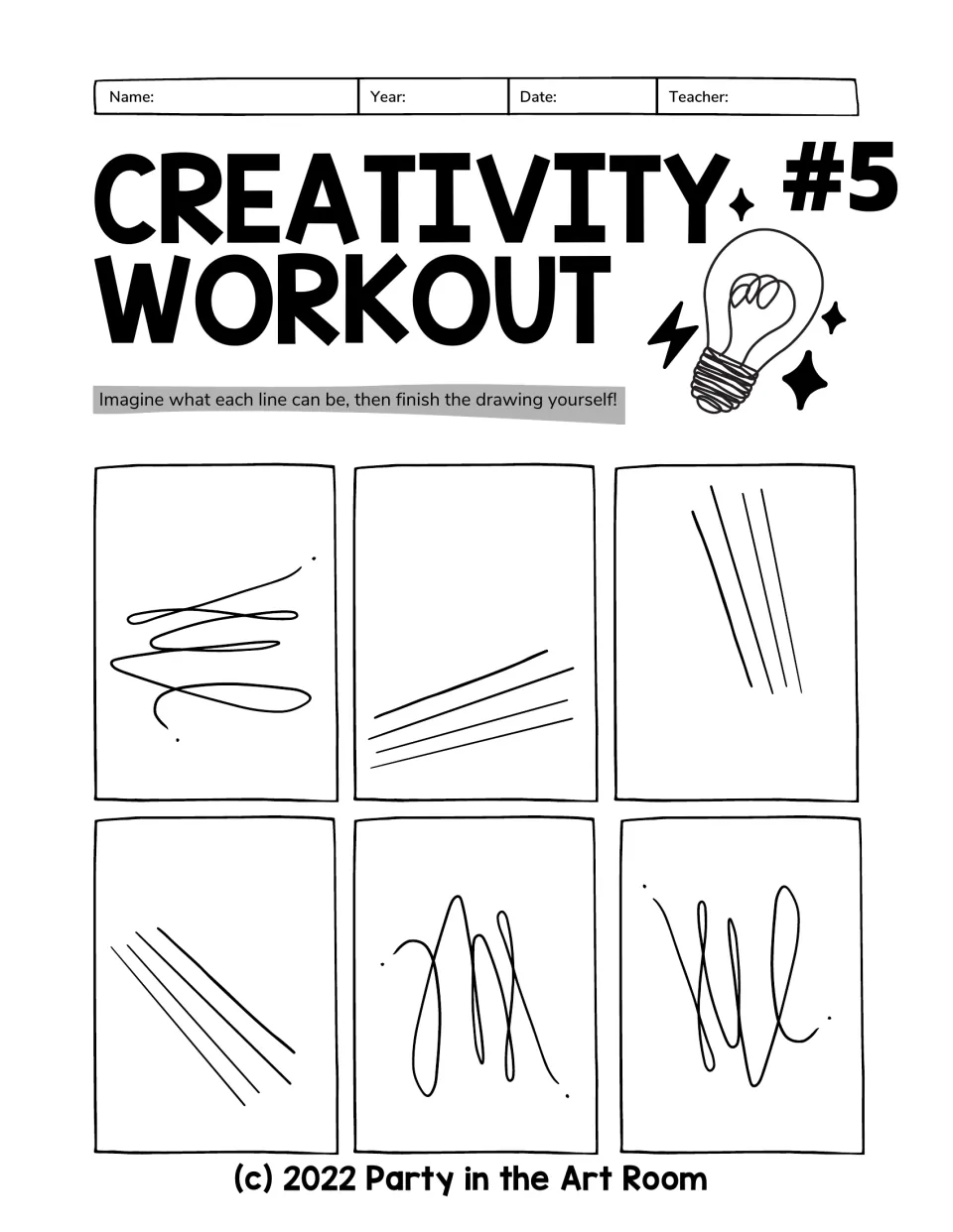Creativity Workout #5: students turn scribbles and sets of parallel diagonal lines into finished drawings in six frames