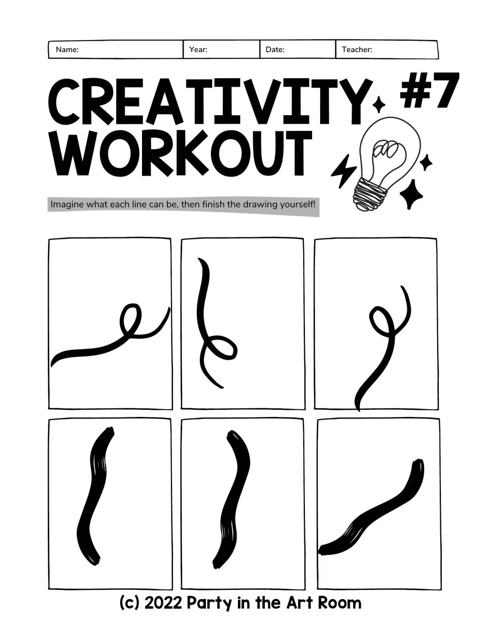 Creativity Workout #7: students extend looped ribbon lines and thick brushstroke curves into their own original drawings