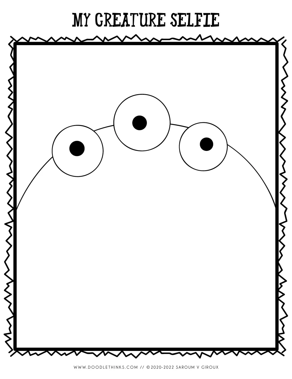 My Creature Selfie drawing prompt: a domed head with three eyeballs on top that students finish into their own creature