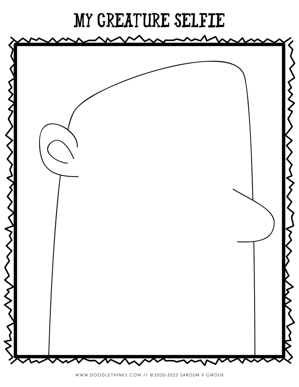 My Creature Selfie drawing prompt: a tall head outline with one ear and a big nose for students to complete as a creature