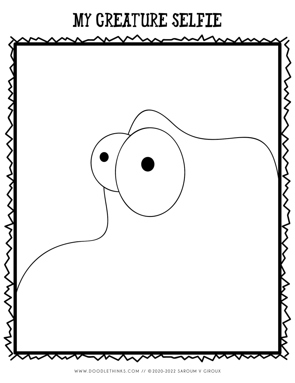 My Creature Selfie drawing prompt: a lumpy blob shape with two bulging eyes that students turn into an original creature