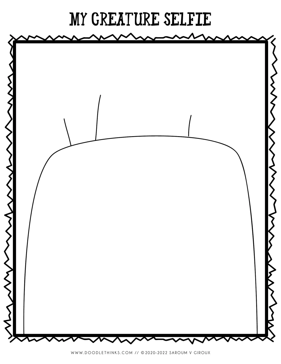 My Creature Selfie drawing prompt: a rounded head with three hair strands on top for students to add a face and features