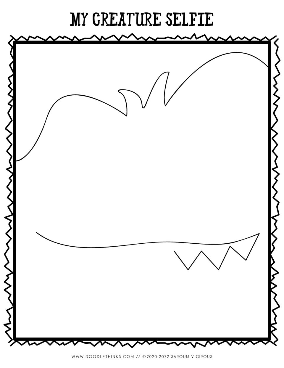 My Creature Selfie drawing prompt: a spiky head and a jaw with three sharp teeth that students build into a toothy creature