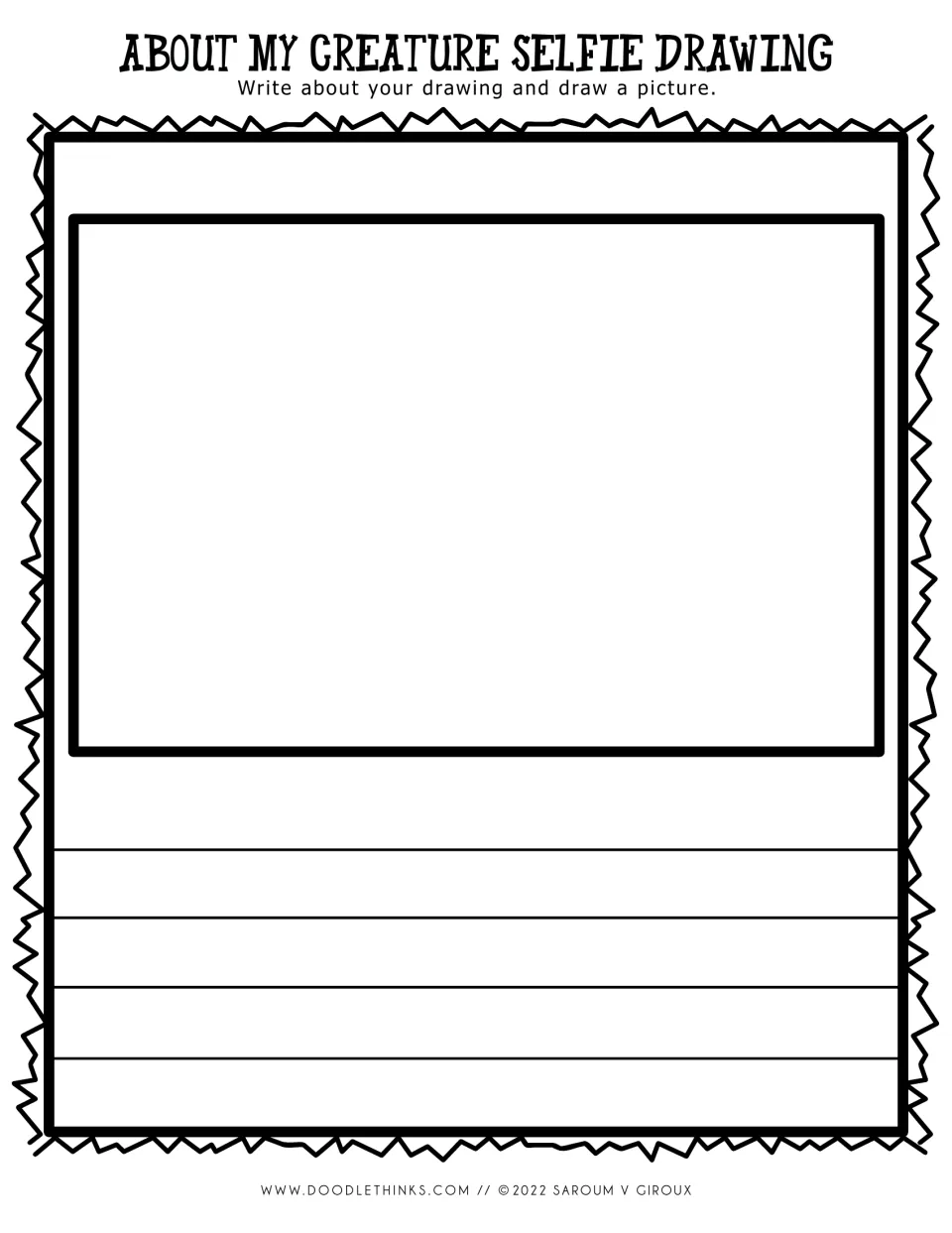 About My Creature Selfie Drawing: students draw their creature and write about it on three wide-ruled rows