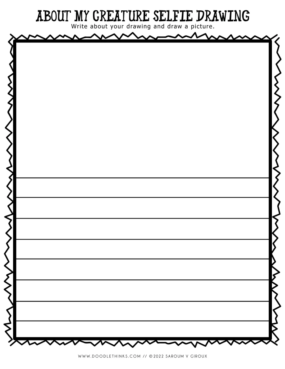 About My Creature Selfie Drawing: a smaller picture area above seven ruled rows for a longer description of the creature