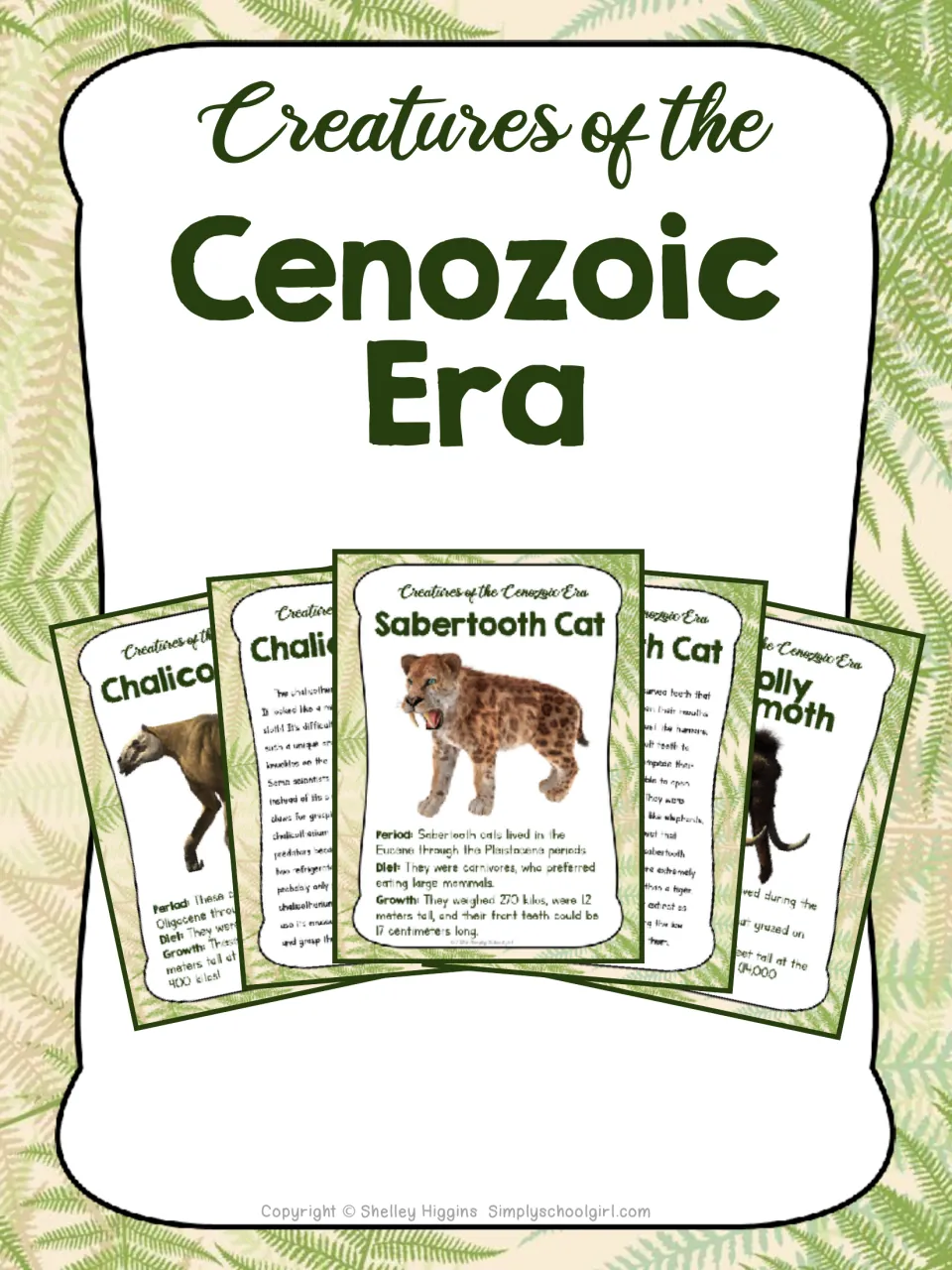 Cover of Creatures of the Cenozoic Era, showing sample animal cards for sabertooth cat and woolly mammoth