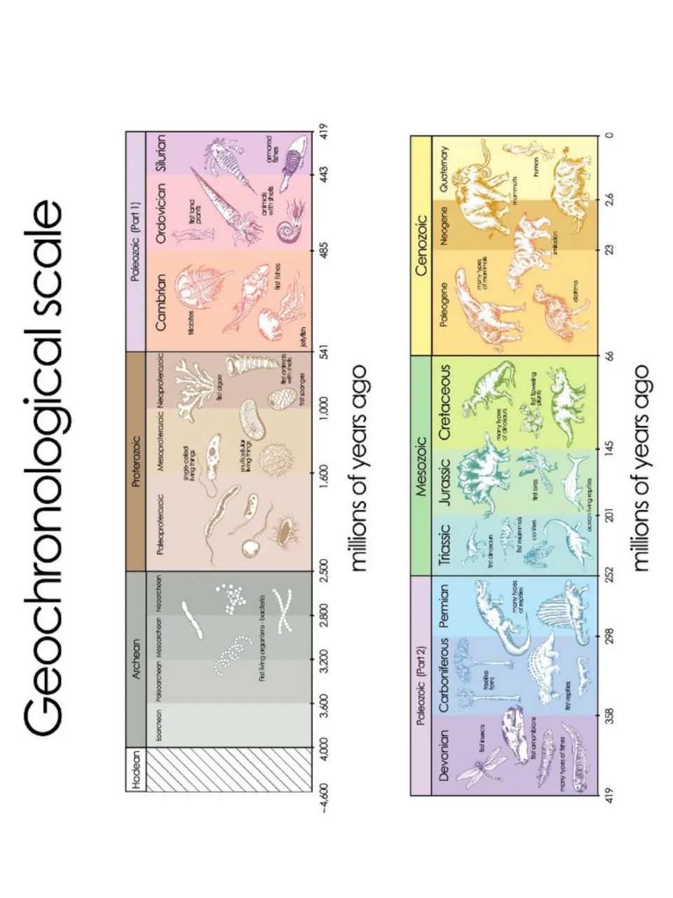 Geochronological scale chart tracing Earth's history from the Hadean to the Cenozoic in millions of years