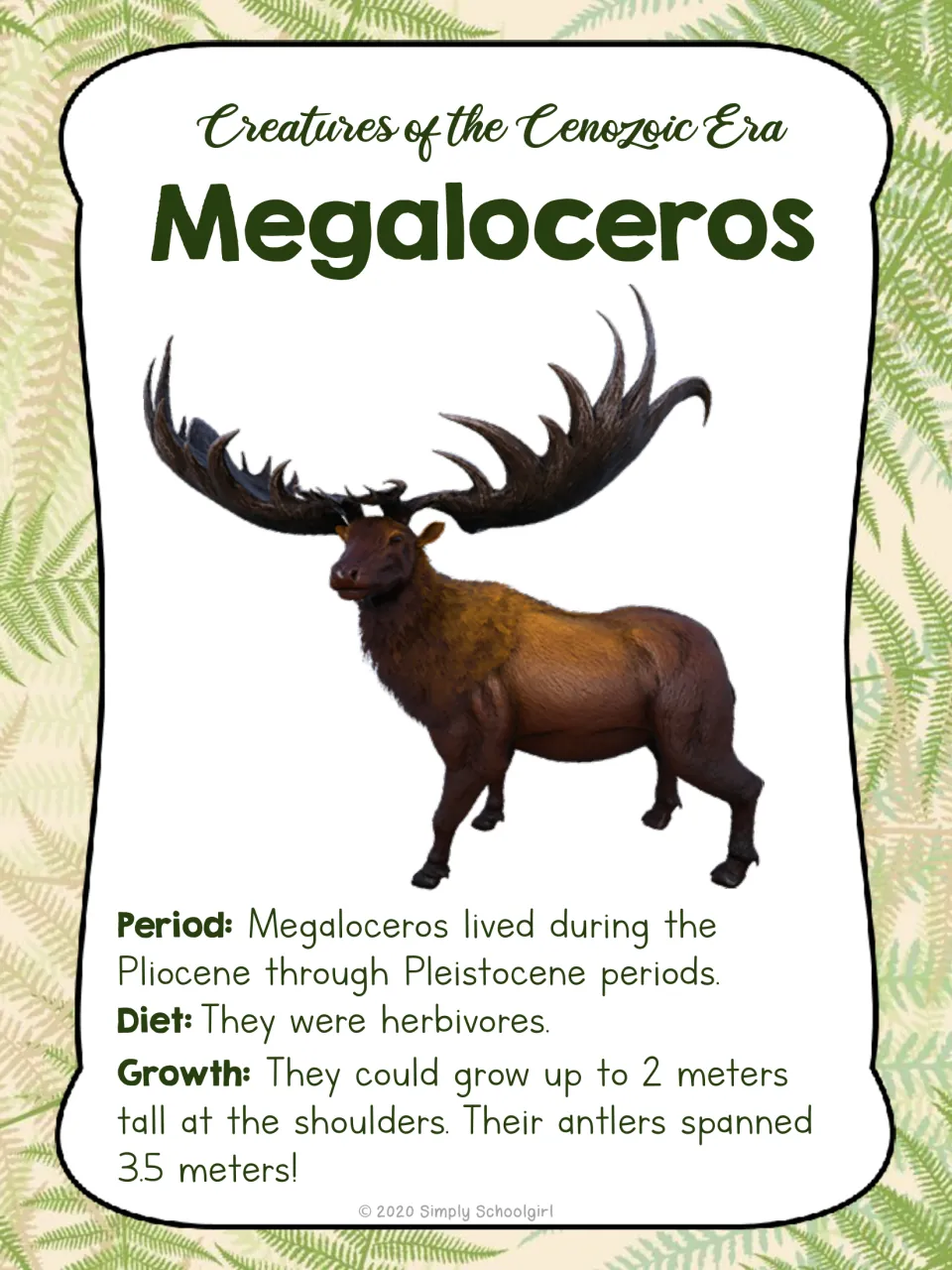 Megaloceros card front with an animal illustration and facts about its time period, herbivore diet, and size