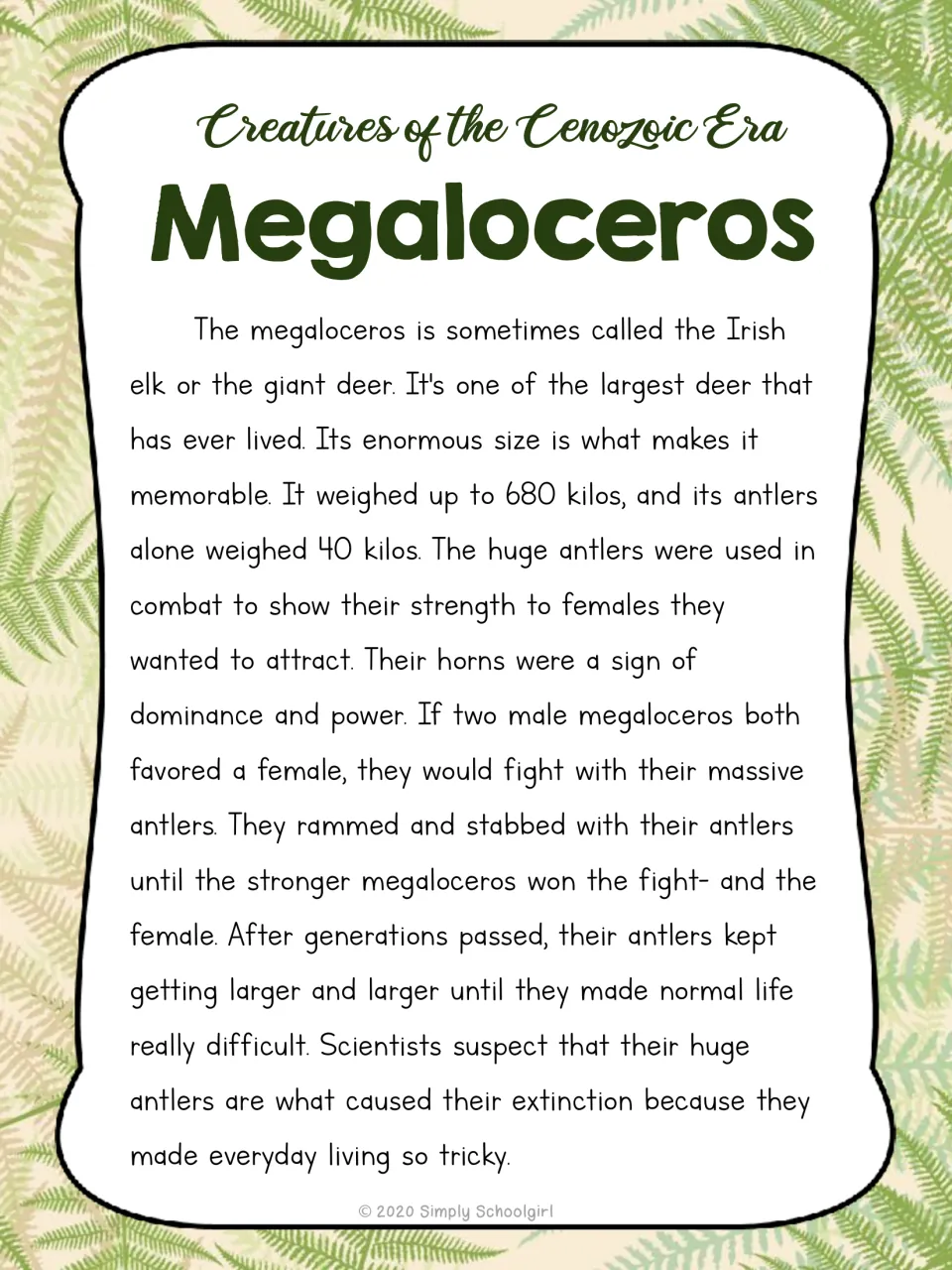 Megaloceros card reverse with a mini-article about the giant deer's weight, antlers, combat, and extinction
