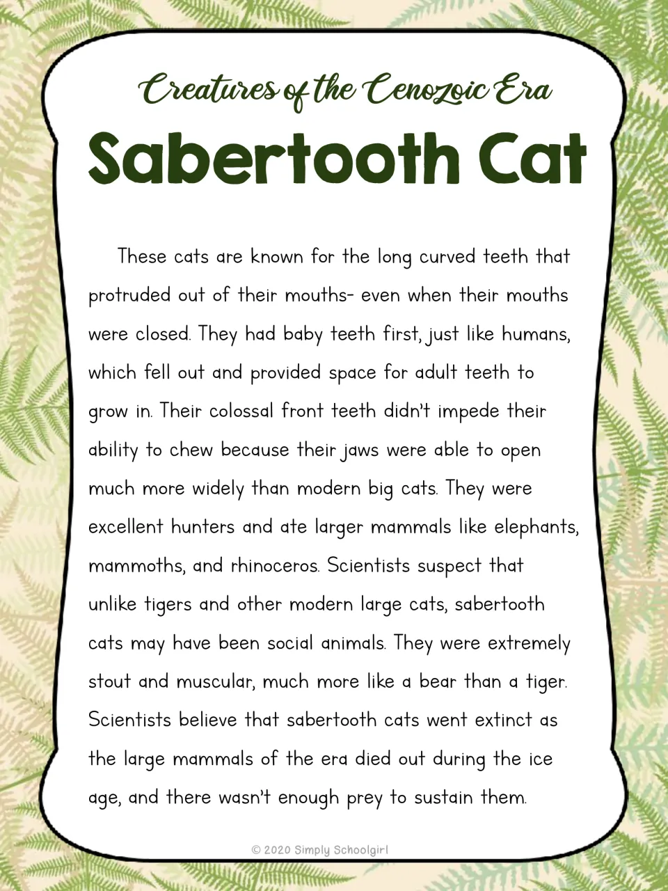 Sabertooth cat card reverse with a mini-article about long teeth, hunting, social behavior, and extinction
