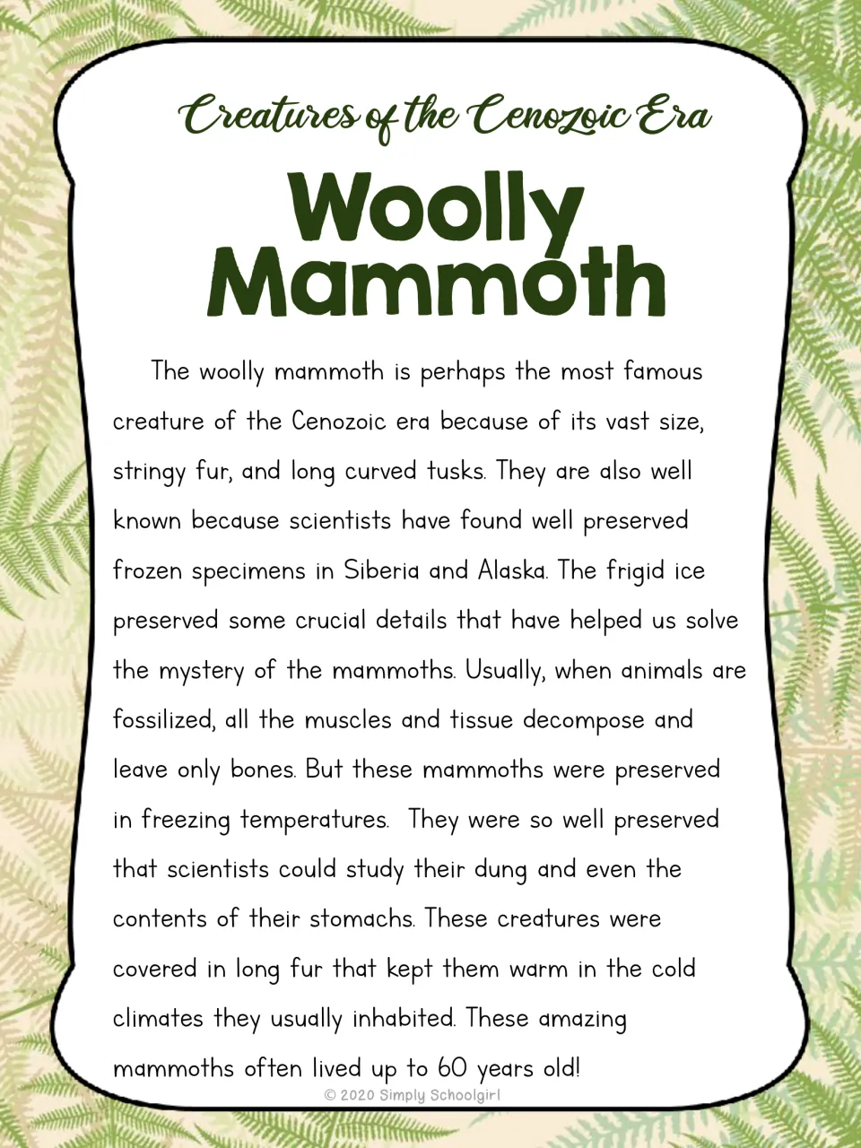 Woolly mammoth card reverse with a mini-article about frozen specimens, preserved tissue, fur, and lifespan