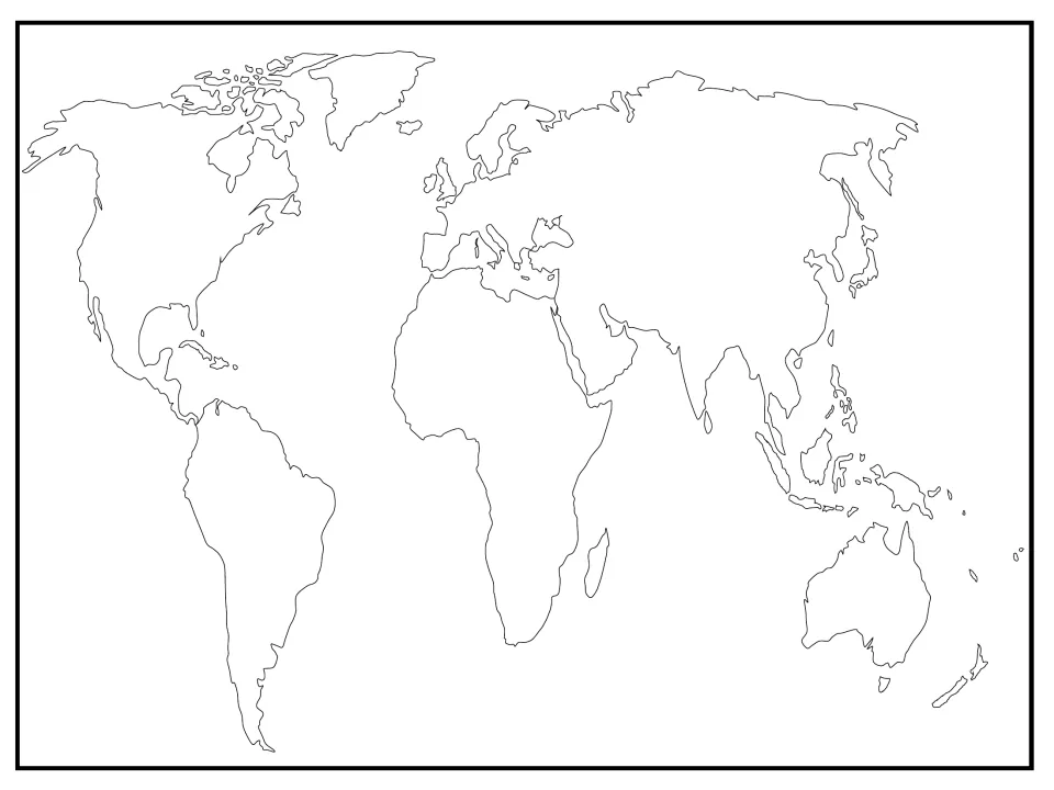 Blank world outline map of the continents with no names or labels, included with the deep sea creature project pages