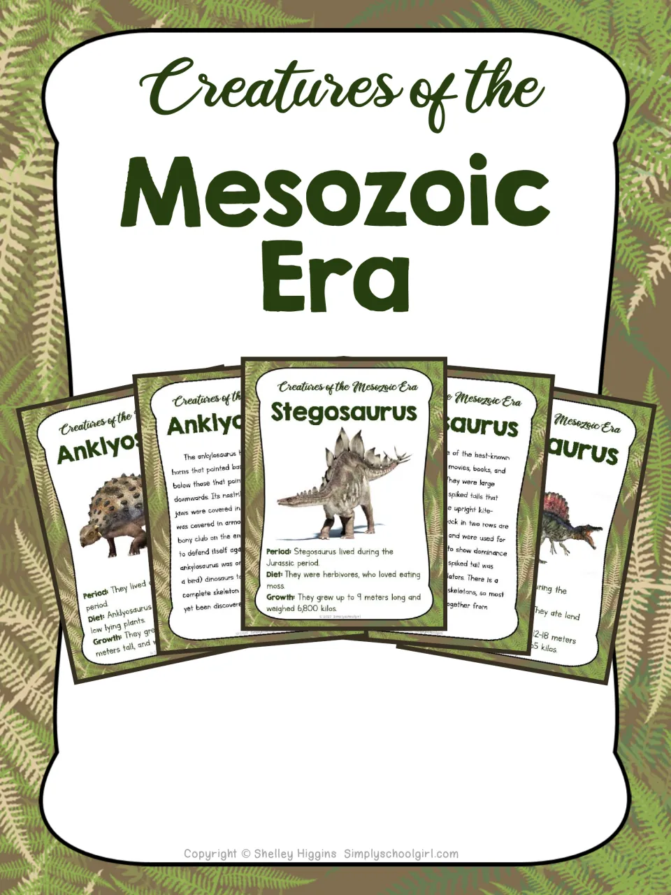 Cover of Creatures of the Mesozoic Era, showing sample creature cards with illustrations and factual text