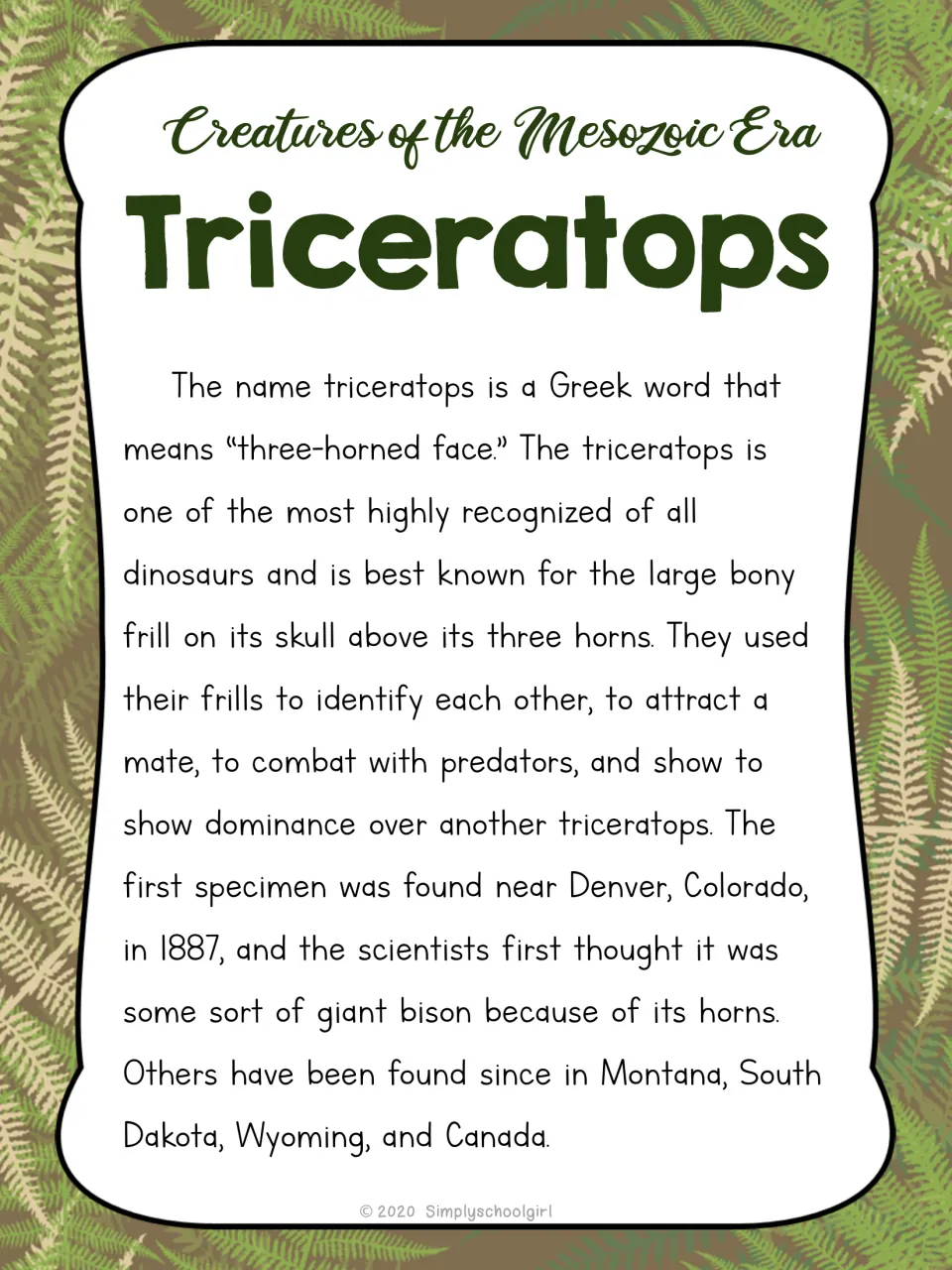 Triceratops card reverse explains its name, three horns, bony frill, and fossil discoveries in North America