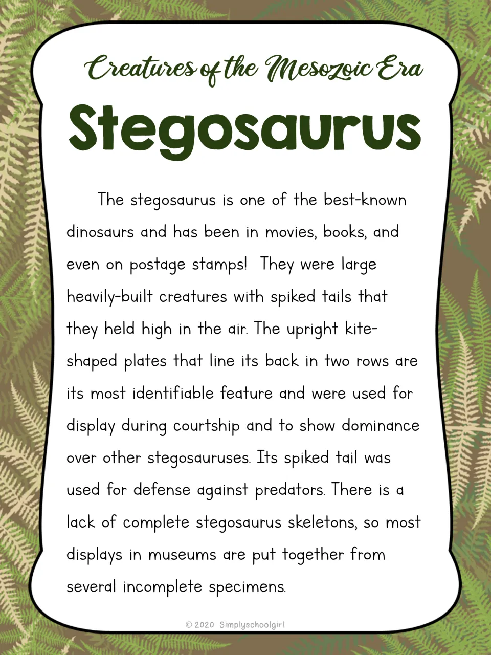 Stegosaurus card reverse describes its back plates, spiked tail, defense, and incomplete museum skeletons