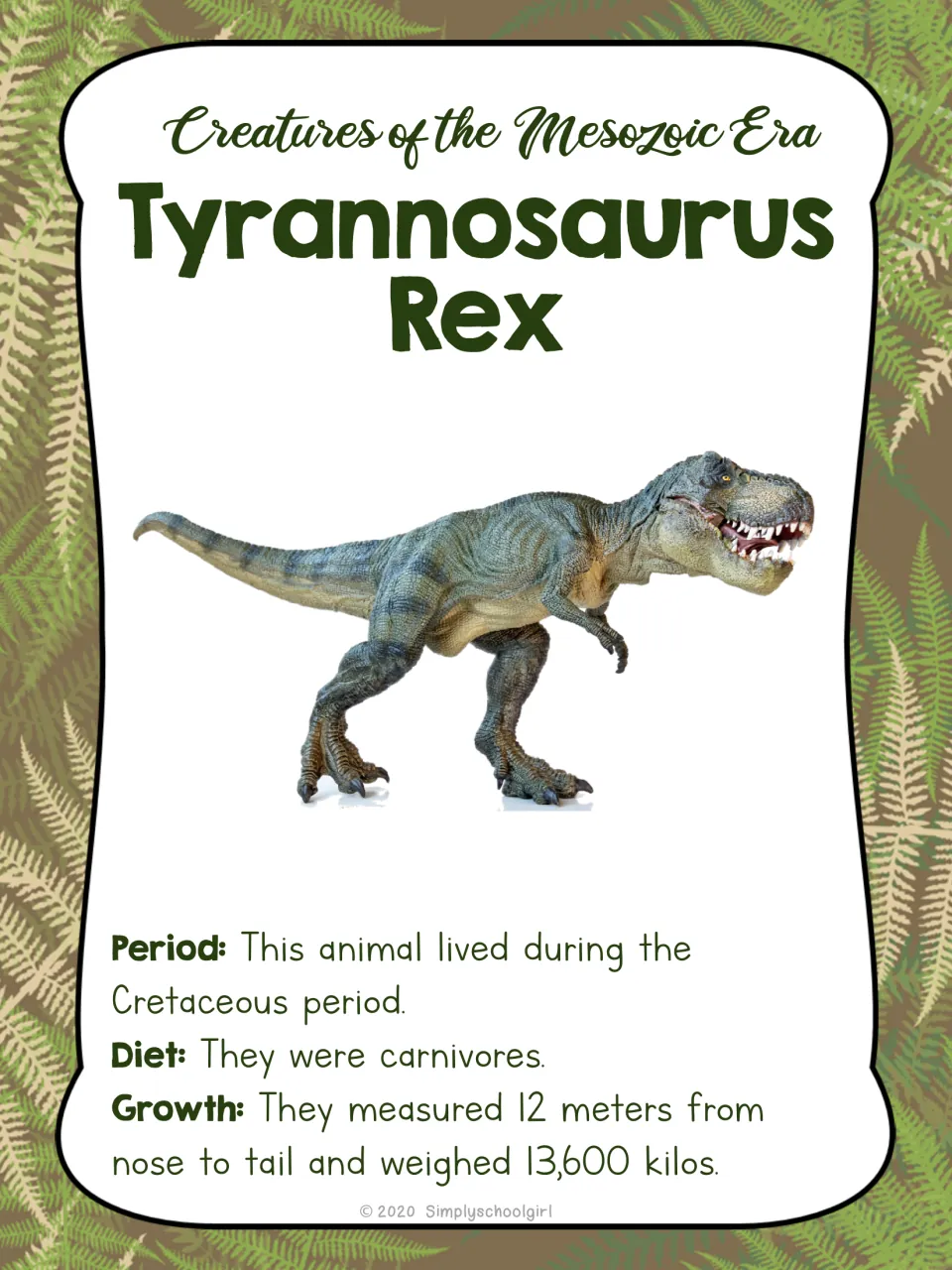 Tyrannosaurus rex card front shows the dinosaur, Cretaceous period, carnivore diet, and 12-meter length