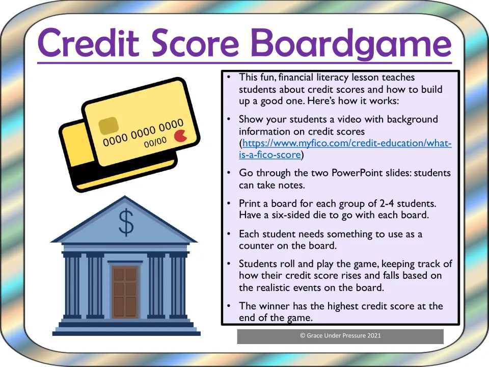 Credit score board game directions: watch a FICO video, take notes on two slides, then play in groups of 2-4 with a die