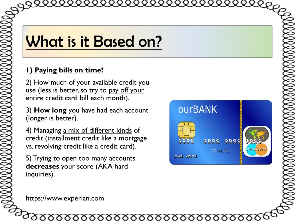 Credit score factors: paying bills on time, credit used, account age, mix of credit types and too many hard inquiries