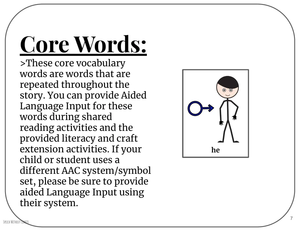 Core vocabulary focus on he, with guidance for aided language input during shared reading and craft activities