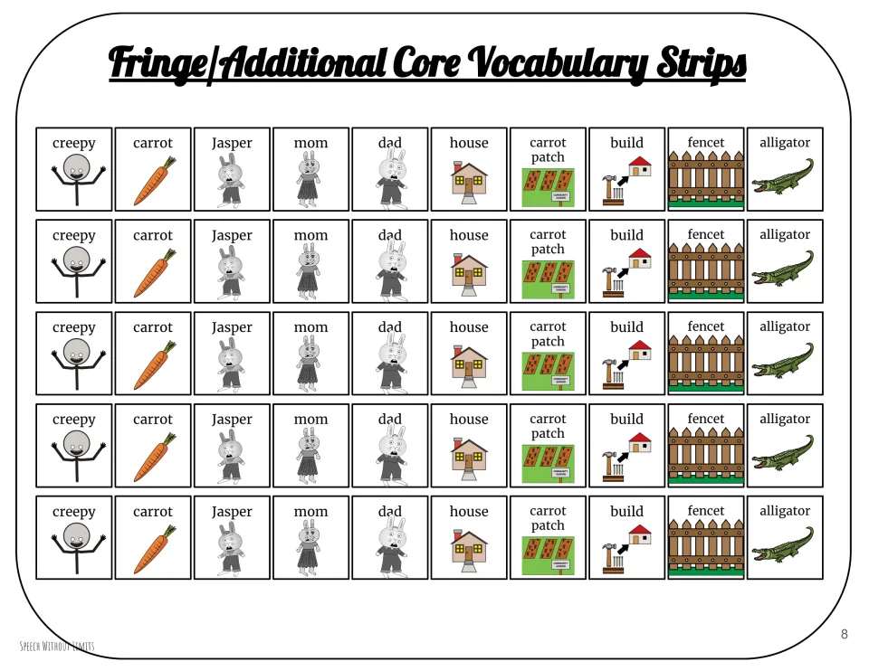 Five copies of a 10-word picture vocabulary strip: creepy, carrot, Jasper, mom, dad, house, and four more