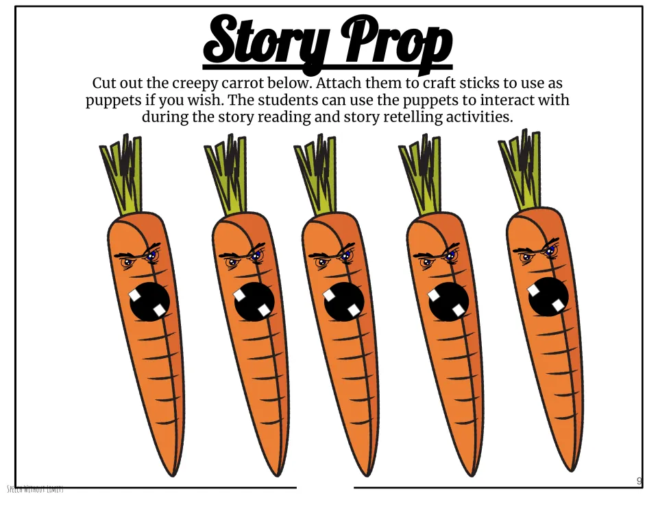 Five carrot story props to cut out, with directions for making craft-stick puppets for reading and retelling